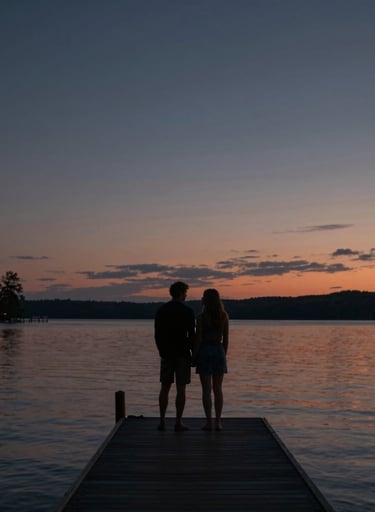 Cinematic wide shot of a couple standing on a dock over a North American lake at twilight. The sky is a deep charcoal blue with warm terracotta reflections on the water.