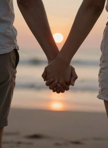 A close-up cinematic photograph of two people holding hands while walking on a North American beach, the Soft Sand reflecting the orange glow of the sun, focus on the texture of the skin and the warm light.
