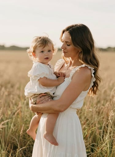 A heartwarming portrait of a mother holding her toddler in a field of tall grass in North American / US (West Michigan). Soft high-key lighting, warm tan and off-white colors, conveying a sense of timeless elegance.