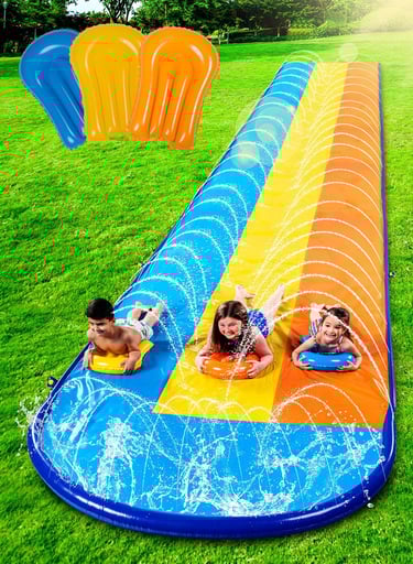 Sloosh Triple Water Slide with 3 BodyBoards, 18FT Lawn Slip Water Splash Slide Summer Toy Splash Pad