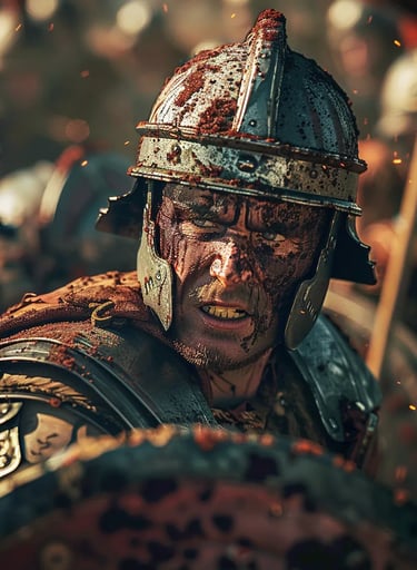 Roman centurion rallying his troops amidst the chaos, his armor battered and face smeared with dirt 