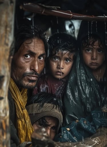 family seeking shelter inside a modest hut