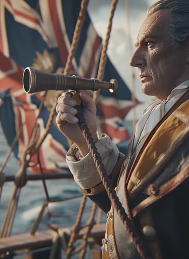 f Captain James Cook standing on the deck of the Endeavour, holding a spyglass 