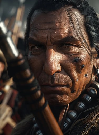 Shawnee leader Tecumseh in the heat of battle, wearing traditional Native American attire