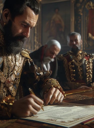 Tsar Ferdinand I signing the declaration of independence. The richly decorated table 