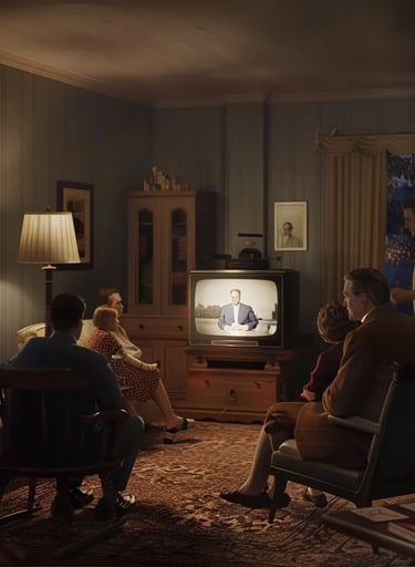 American family in the 1940s sitting in their living room, watching Truman’s address