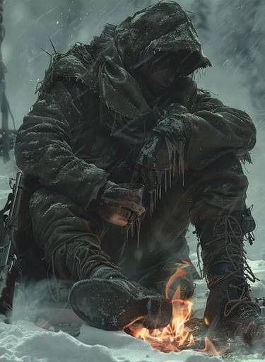 French soldier huddled by a dying fire