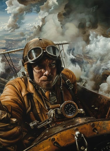 close-up of a pilot mid-race, steering a biplane through turbulent clouds.