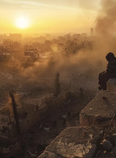 desperate survivors atop the cracked city walls, staring down at the destruction