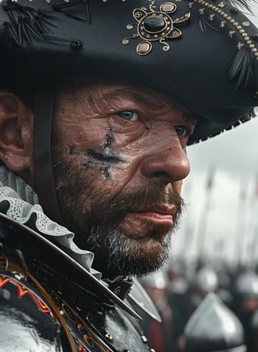 Dutch militia leader giving commands atop the fortified city wall, wearing traditional 16th-century 