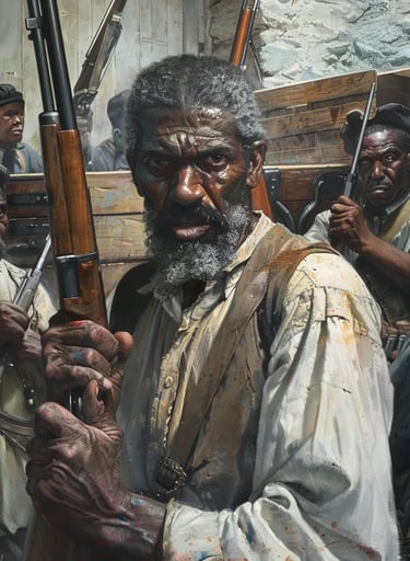 John Brown gripping a Sharps rifle, Harpers Ferry, 1859