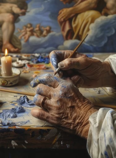Close-up of Michelangelo dipping a brush into vibrant blue pigment