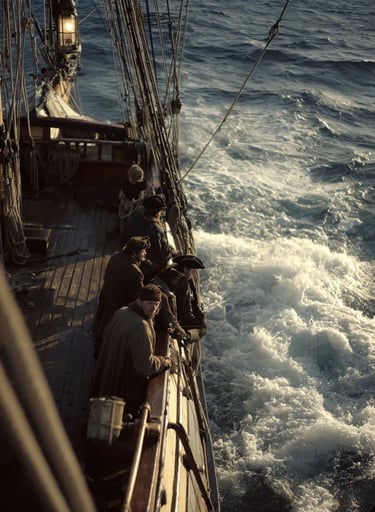 silhouettes of sailors in tricorn hats stand at the rail tossing bound figures into the churning sea