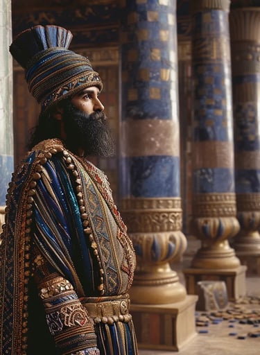 Cyrus the Great, standing before the golden throne of the Babylonian king