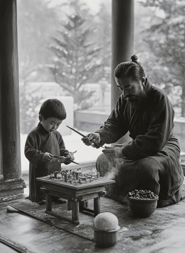 small monarch practices calligraphy under supervision, brush hovering over xuan paper