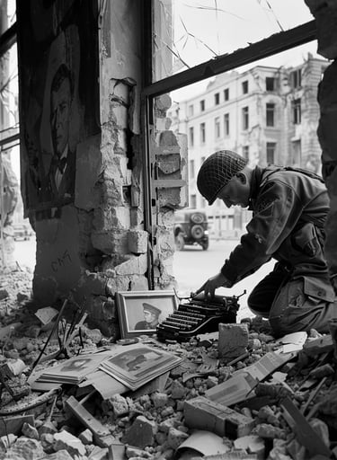 soldire kneeling, broken typewriter and scattered paper debris litter the floor