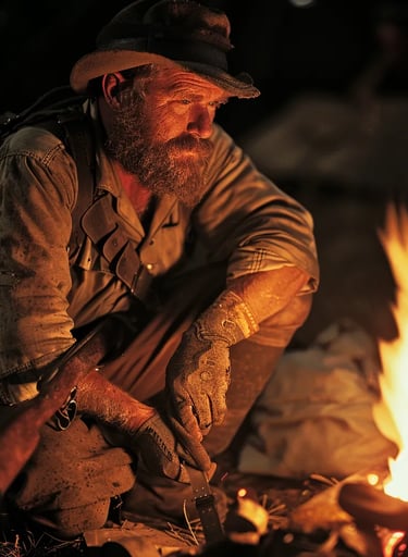 a Boer fighter crouched beside a campfire, holding his rifle