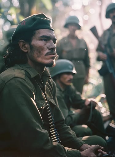 Che Guevara sitting handcuffed, his face weathered and defiant