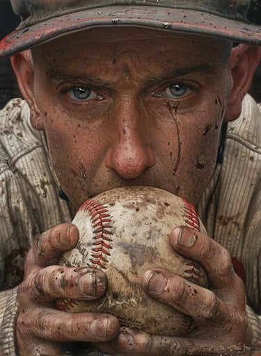 Cy Young gripping a well-worn leather baseball in his calloused hands