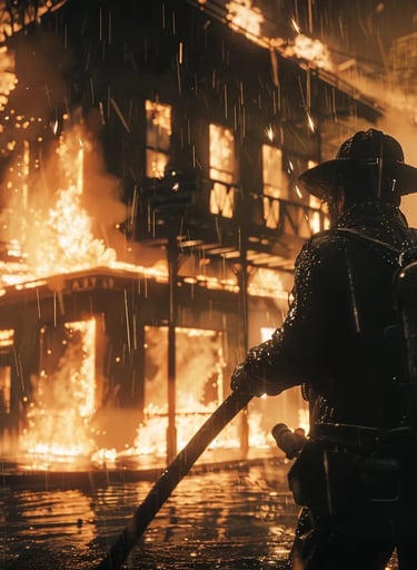 Boston Warehouse District, 1872 – Close-up of a firefighter gripping a primitive hos