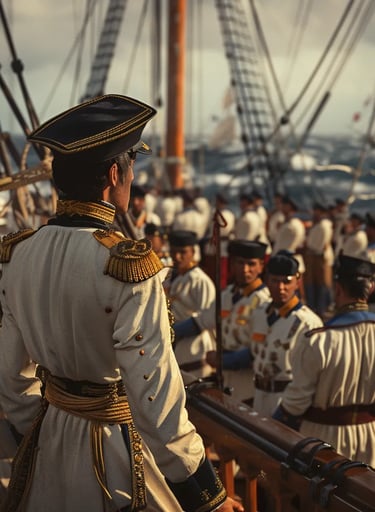 Peruvian naval officer addressing a group of sailors on deck, his uniform adorned with symbols 