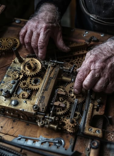 Ritty’s hands assembling the intricate brass mechanisms inside the cash register