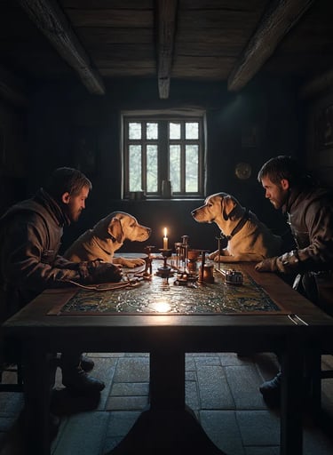 center of a small hall, the two dogs positioned side by side on a stained table