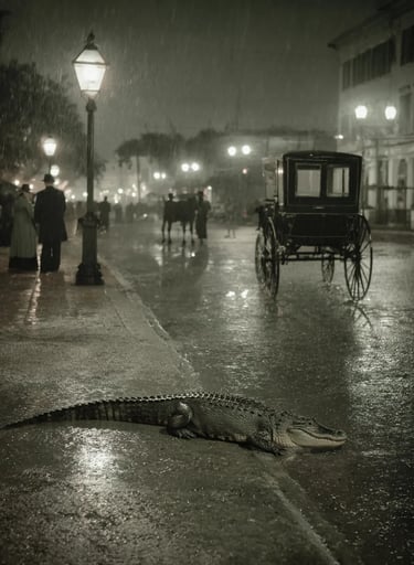 a juvenile alligator with olive-green scales and webbed feet plummets through a curtain of water