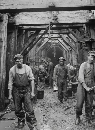 timber-lined cofferdam illuminated by kerosene lanterns, workers in suspenders and wool caps