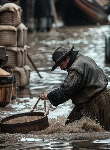 esperate merchant attempting to save his goods from a flooding warehouse