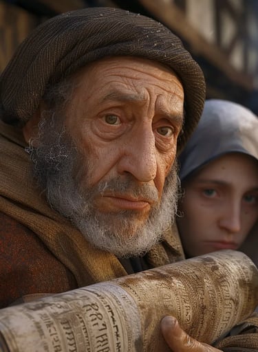 a weary Jewish elder clutching a Torah scroll
