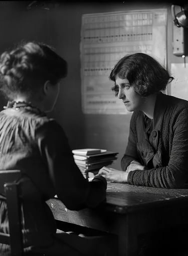 Margaret Sanger sitting at a wooden desk, carefully explaining contraception to a working-class moth