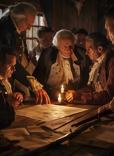 a patriot leader rolling out a parchment on a wooden table, planning the next step of resistance