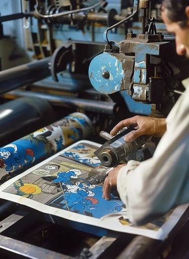 freshly printed pages of Johan and Pirlouit rolling off an old printing press