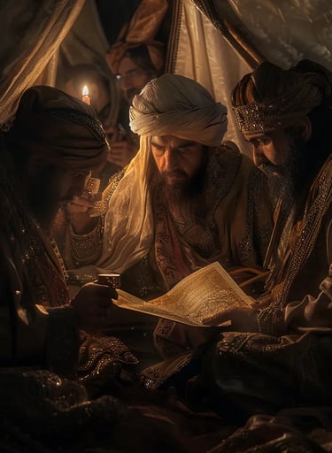 Sultan Murad II studying a map inside an elaborately decorated tent