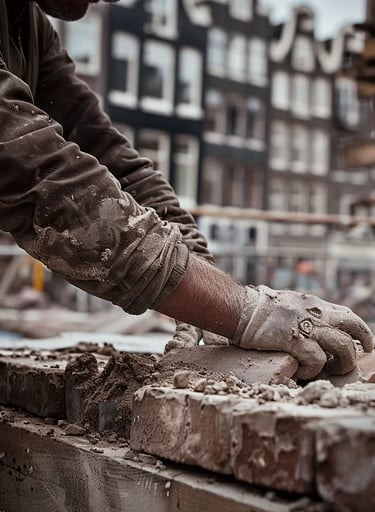 Close-up of a mason laying the first bricks of a new stone building