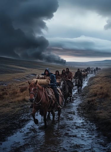 Creek families loading wagons with meager possessions under watch of uniformed agents on horseback