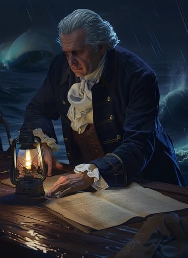 Franklin leaning over a wooden table, studying diplomatic papers by lantern light.