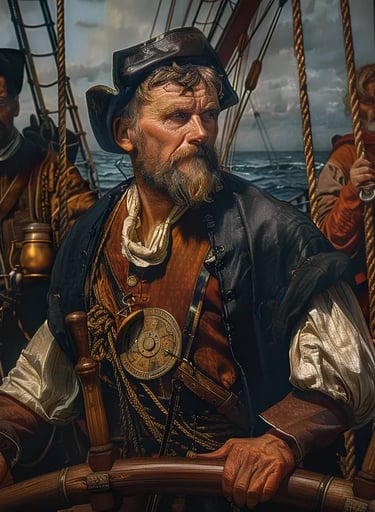 Ferdinand Magellan standing at the helm, his face weathered by months at sea.