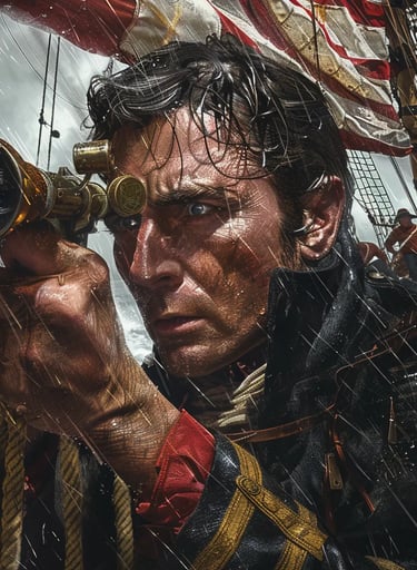 Captain Stephen Decatur gripping a spyglass, his weathered face set with determination