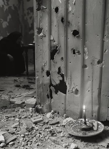 wooden door hanging off its hinges, bullet holes riddling its surface