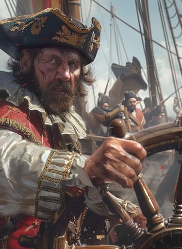 Dutch admiral gripping the ship’s wheel, his face streaked with sweat and gunpowder
