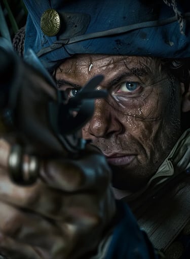 Dutch soldier, his musket raised, looking nervously into the darkness of the jungle