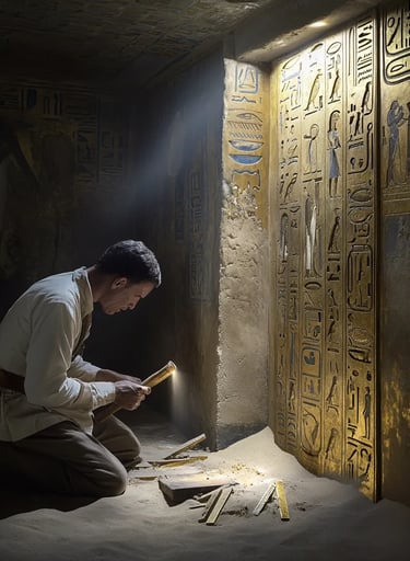 Carter kneels by a limestone door embossed with gleaming golden hieroglyphs