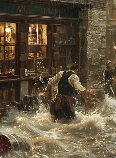 tavern owner struggling to hold onto a wooden beam as the floodwaters rush past