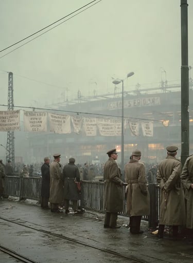  outside Stadion Feijenoord in Rotterdam, 1938, uniformed police in wool tunics and Dutch-style helm