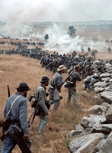 the wheatfield near Devil’s Den: Confederate infantry in butternut coats charge uphill under fire