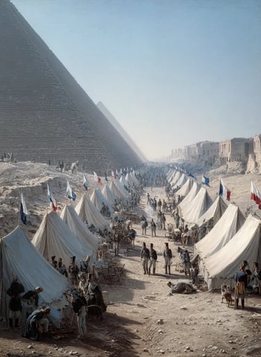 Giza: rows of white-tented encampments with French tricolor flags, officers in gold-trimmed tunics s