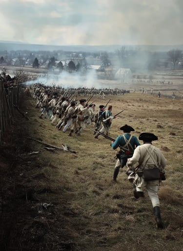 French regulars in white kurtas, blue waistcoats, and plumed tricorns storm the fort’s ramparts