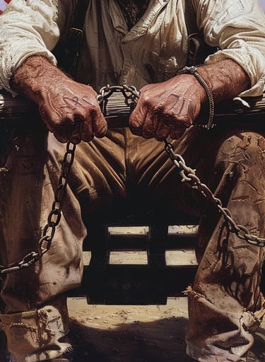 Horse-Drawn Wagon, 1851 – Close-up of Fairbank’s hands shackled in iron restraints
